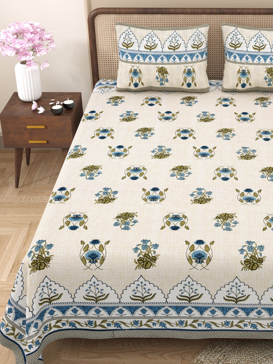 Gulmohar Printed Cream Pure Cotton Double Bedsheet with 2 Pillow Covers