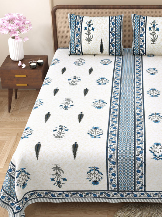 Gulmohar Printed Blue Pure Cotton Double Bedsheet with 2 Pillow Covers