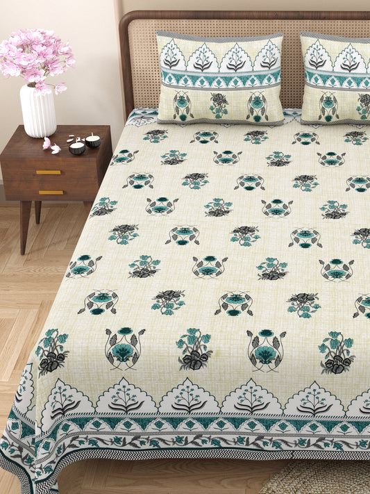 Gulmohar Printed Sea Green Pure Cotton Double Bedsheet with 2 Pillow Covers