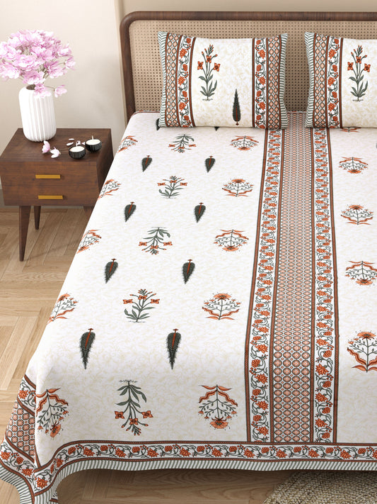 Gulmohar Printed Orange Pure Cotton Double Bedsheet with 2 Pillow Covers