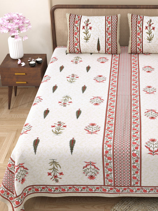 Gulmohar Printed Red Pure Cotton Double Bedsheet with 2 Pillow Covers