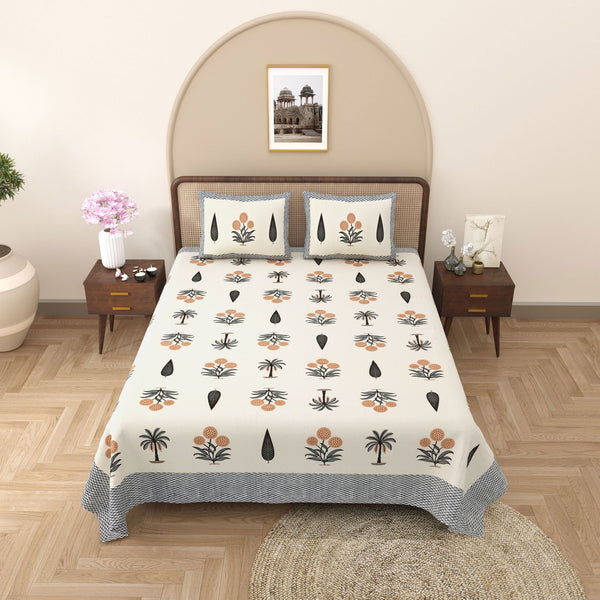 Gulmohar Printed Black Pure Cotton Double Bedsheet with 2 Pillow Covers - EasyGoods India