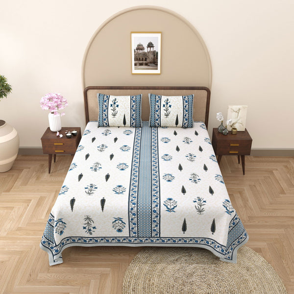 Gulmohar Printed Blue Pure Cotton Double Bedsheet with 2 Pillow Covers - EasyGoods India