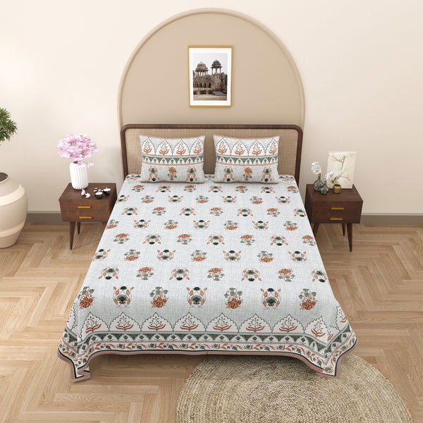 Gulmohar Printed Green Pure Cotton Double Bedsheet with 2 Pillow Covers - EasyGoods India