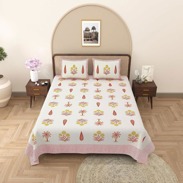 Gulmohar Printed Pink Pure Cotton Double Bedsheet with 2 Pillow Covers - EasyGoods India