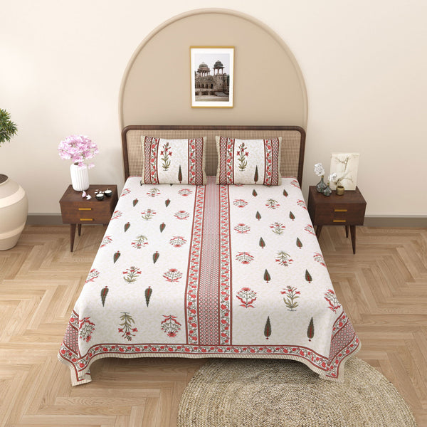 Gulmohar Printed Red Pure Cotton Double Bedsheet with 2 Pillow Covers - EasyGoods India