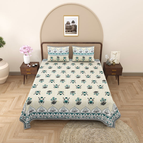 Gulmohar Printed Sea Green Pure Cotton Double Bedsheet with 2 Pillow Covers - EasyGoods India