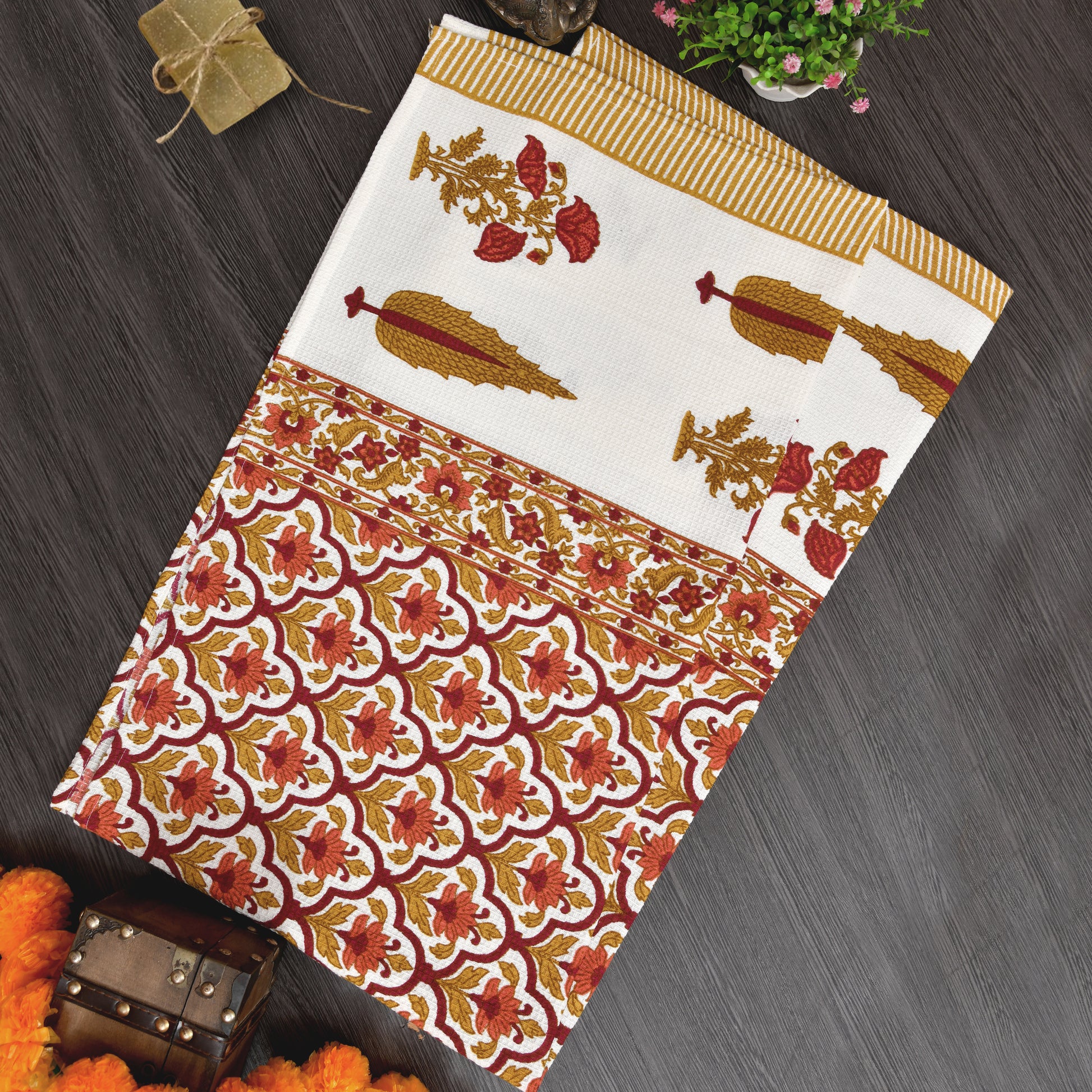 EasyGoods® Luxury Cotton Bath Towel - Floral Print in Warm Orange & Beige Tones - EasyGoods India