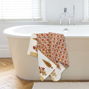 EasyGoods® Luxury Cotton Bath Towel - Floral Print in Warm Orange & Beige Tones - EasyGoods India