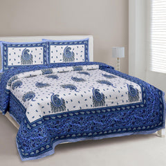 Heavy Petal Retreat Blue Jaipuri King Size Cotton Bedsheet - EasyGoods India