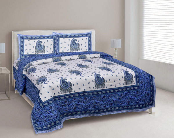 Heavy Petal Retreat Blue Jaipuri King Size Cotton Bedsheet - EasyGoods India