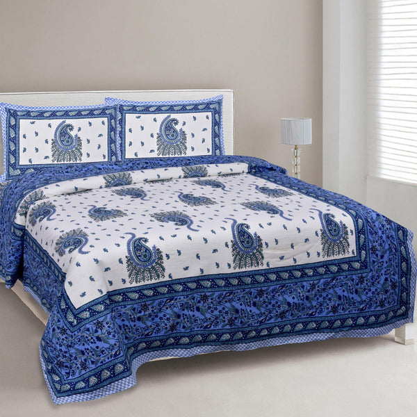Heavy Petal Retreat Blue Jaipuri King Size Cotton Bedsheet - EasyGoods India