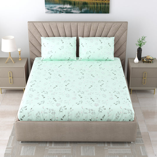 Super Soft Kasa Floral Bedsheet for Double Bed King Size with 2 Pillow Covers | Premium Printed Flat Bed Sheet (9ft x 9ft,Green)