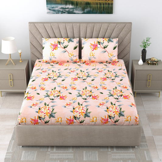 Super Soft Kasa Floral Bedsheet for Double Bed King Size with 2 Pillow Covers | Premium Printed Flat Bed Sheet (9ft x 9ft,Pastel Peach)