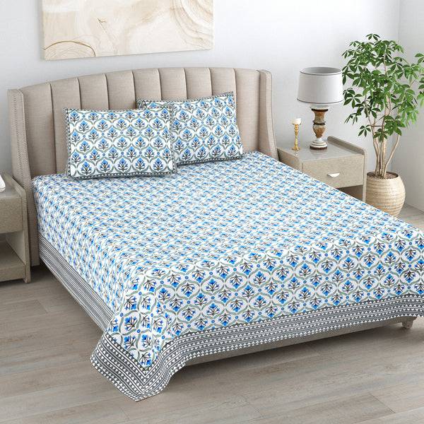 Kalakriti Indigo Charm Pure Cotton Bedsheet with 2 Pillow Covers