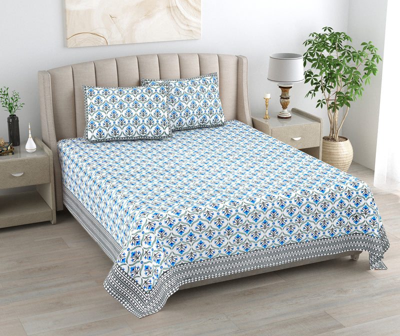 Kalakriti Indigo Charm Pure Cotton Bedsheet with 2 Pillow Covers