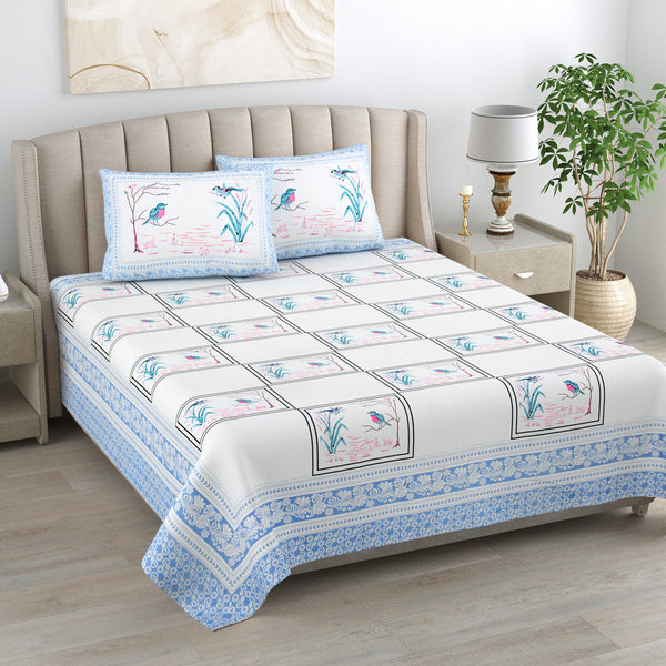 Kalakriti Chirping Dreams Pure Cotton Double Bedsheet with 2 Pillow Covers