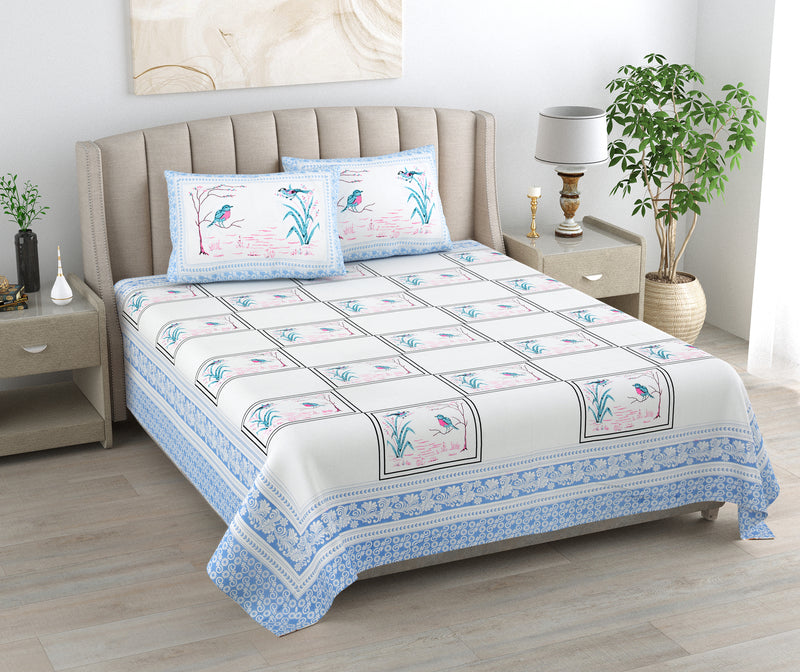 Kalakriti Chirping Dreams Pure Cotton Double Bedsheet with 2 Pillow Covers