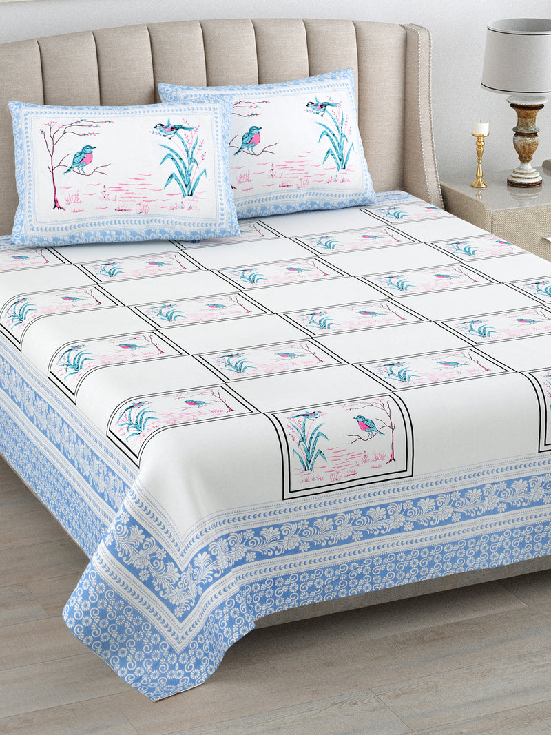 Kalakriti Chirping Dreams Pure Cotton Double Bedsheet with 2 Pillow Covers