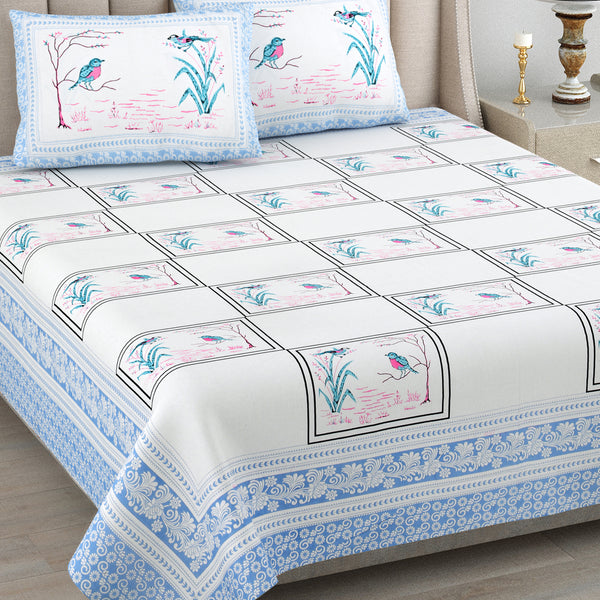 Kalakriti Chirping Dreams Pure Cotton Double Bedsheet with 2 Pillow Covers