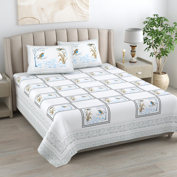 Kalakriti Chirping Dreams Pure Cotton Double Bedsheet with 2 Pillow Covers