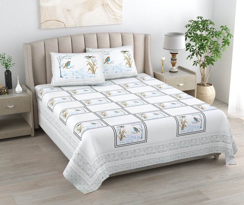 Kalakriti Chirping Dreams Pure Cotton Double Bedsheet with 2 Pillow Covers