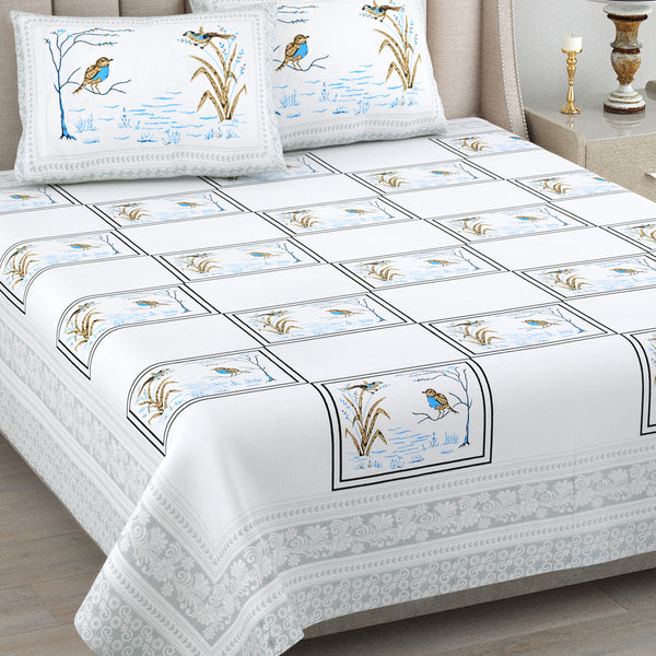 Kalakriti Chirping Dreams Pure Cotton Double Bedsheet with 2 Pillow Covers