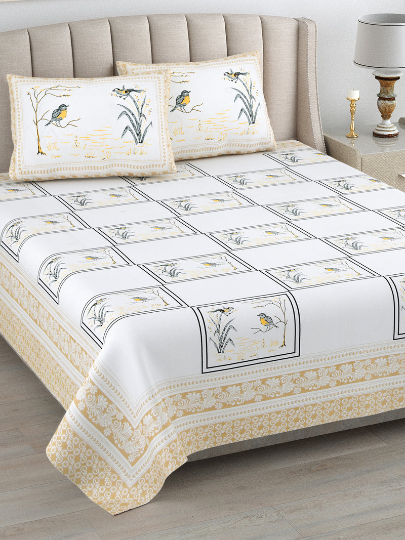 Kalakriti Chirping Dreams Pure Cotton Double Bedsheet with 2 Pillow Covers