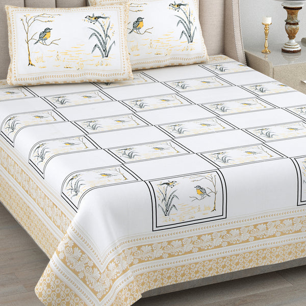 Kalakriti Chirping Dreams Pure Cotton Double Bedsheet with 2 Pillow Covers