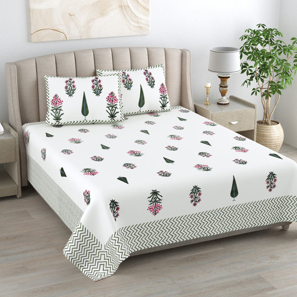 Kalakarti  Floral Pure Cotton King Bedsheet  with 2 Pillow Covers