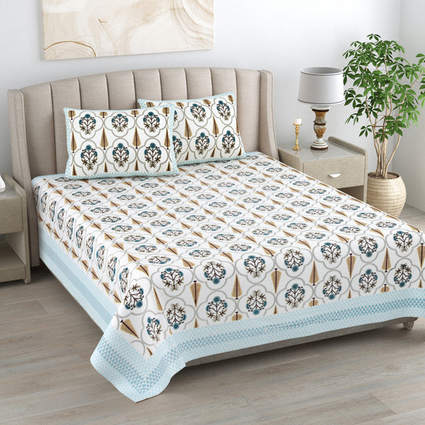 Kalakarti Jaipuri Floral Printted 100% Cotton Bedsheet With 2 Plow Covers