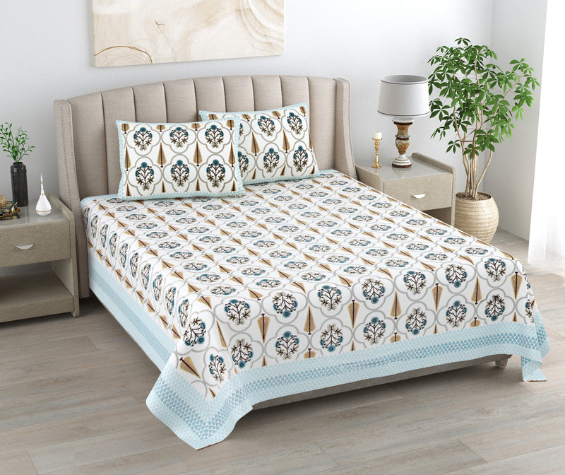 Kalakarti Jaipuri Floral Printted 100% Cotton Bedsheet With 2 Plow Covers