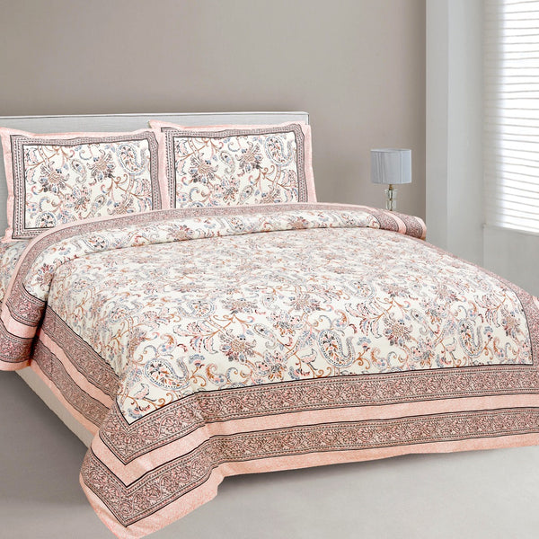 Jaipuri Pure Cotton Bedsheet with a Sanganeri print and two matching pillow covers.