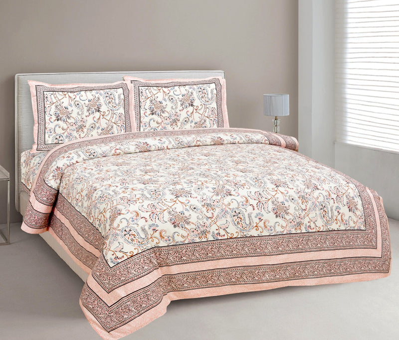 Jaipuri Pure Cotton Bedsheet with a Sanganeri print and two matching pillow covers.
