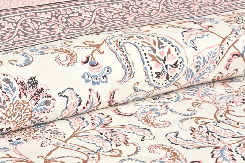 Jaipuri Pure Cotton Bedsheet with a Sanganeri print and two matching pillow covers.