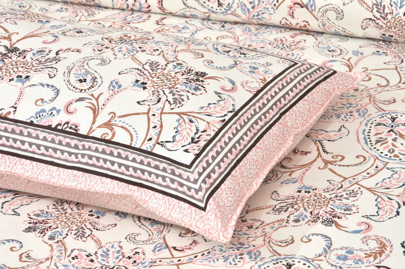 Jaipuri Pure Cotton Bedsheet with a Sanganeri print and two matching pillow covers.