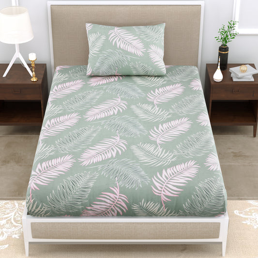 SuperSoft Merino Floral Bedsheet For Singe Bed Size With 1 Pillow Cover | 60 "x 90" | Leafy Green