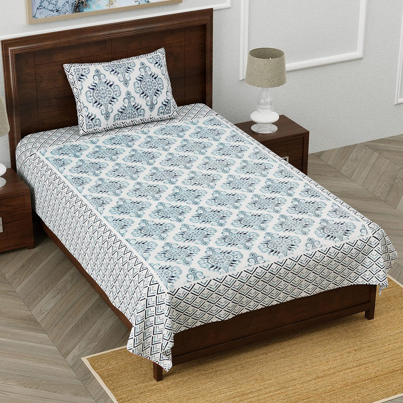 EasyGoods® Abstract Blue Jaipuri Cotton Single Bedsheet with 1 Pillow Covers - Elegant & Durable - EasyGoods India