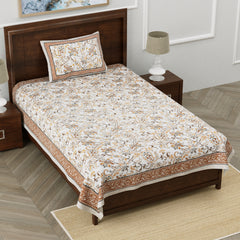 EasyGoods® Floral Brown Jaipuri Cotton Single Bedsheet with 1 Pillow Covers - Elegant & Durable - EasyGoods India