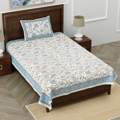 EasyGoods® Floral Blue Jaipuri Cotton Single Bedsheet with 1 Pillow Covers - Elegant & Durable - EasyGoods India