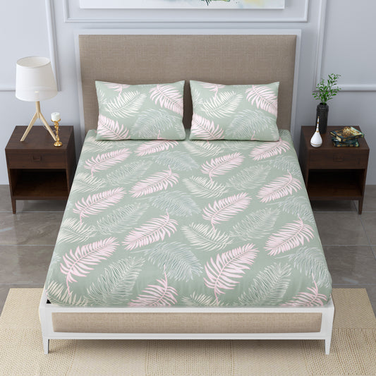Super Soft Merino Floral Bedsheet for Double Bed King Size with 2 Pillow Covers | Premium Printed Flat Bed Sheet (90 * 108,Green)