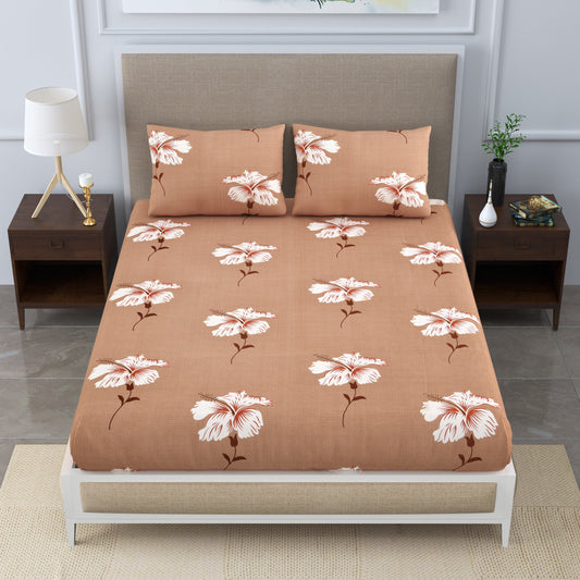 Super Soft Merino Floral Bedsheet for Double Bed King Size with 2 Pillow Covers | Premium Printed Flat Bed Sheet (90 * 108,Brown)