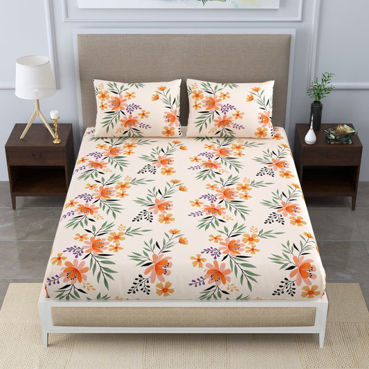 Super Soft Merino Floral Bedsheet for Double Bed King Size with 2 Pillow Covers | Premium Printed Flat Bed Sheet (90 * 108,Orange floral)