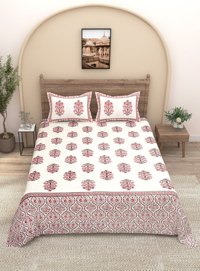 EasyGoods® 240 TC Pure Cotton Bedsheet for Double Bed, King & Queen Size Bed, Jaipuri Rajasthani Design with 2 Pillow Covers, Extra Soft & Wrinkle Free, 90 x 103 inches, Pink