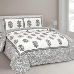 Jaipuri Pure Cotton Bedsheet with a Sanganeri print and two matching pillow covers.