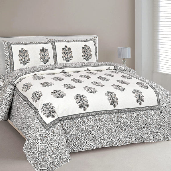 Jaipuri Pure Cotton Bedsheet with a Sanganeri print and two matching pillow covers.