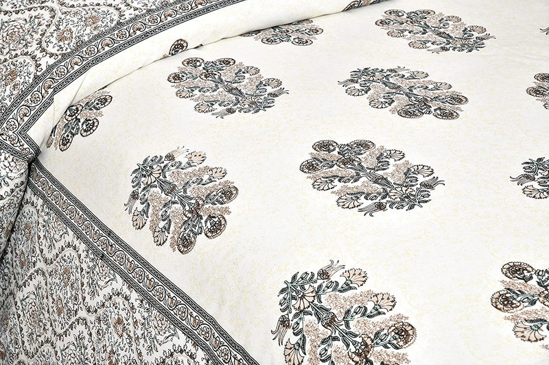 Jaipuri Pure Cotton Bedsheet with a Sanganeri print and two matching pillow covers.