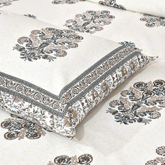 Jaipuri Pure Cotton Bedsheet with a Sanganeri print and two matching pillow covers.