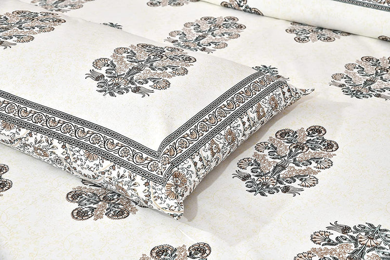 Jaipuri Pure Cotton Bedsheet with a Sanganeri print and two matching pillow covers.