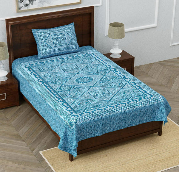 Monarch 100% Pure Cotton Rajasthani Jaipuri Sanganeri Print Single Bedsheet with 1 Pillow Cover | 240 TC Premium Printed Flat Bed Sheet (60